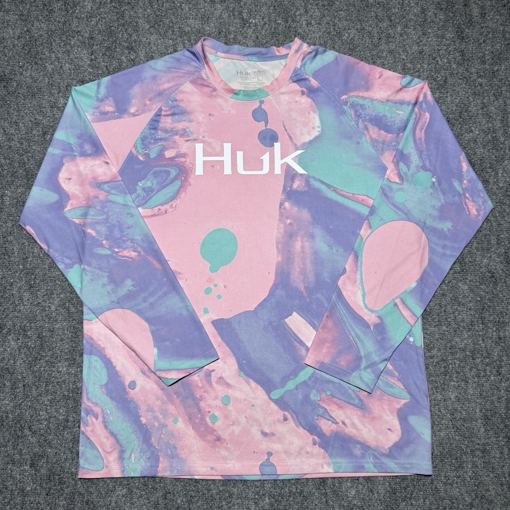 Huk Fishing Shirt Women Large Pink Space Dye Long Sleeve Performance Fishing